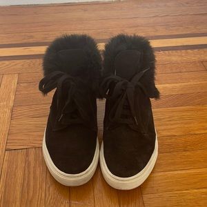 Vince high top black suede sneaker with rabbit fur trim!